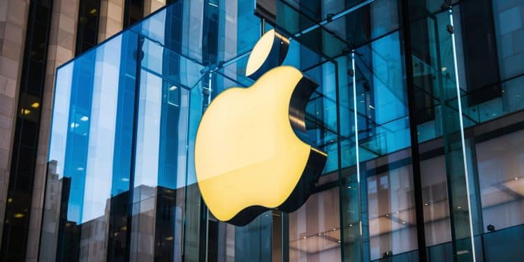 Cubo de vidro da Apple com logo iluminado.