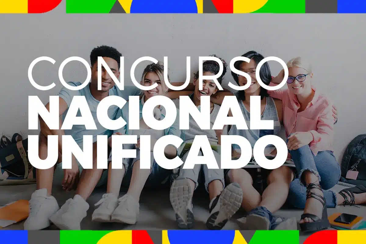 Jovens rindo no fundo e nome "Concurso Nacional Unificado" em destaque.