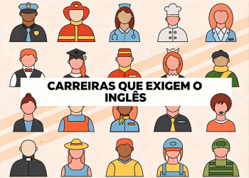 Ilustração com 20 avatares de profissões diversas e texto "Carreiras que exigem o inglês" ao centro.