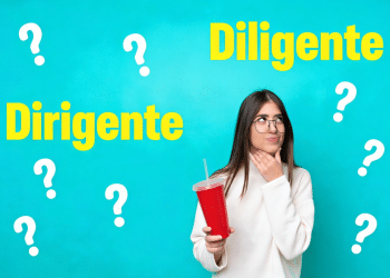 Jovem com expressão de dúvida com fundo azul e palavras "dirigente" e "diligente" cercada por interrogações.