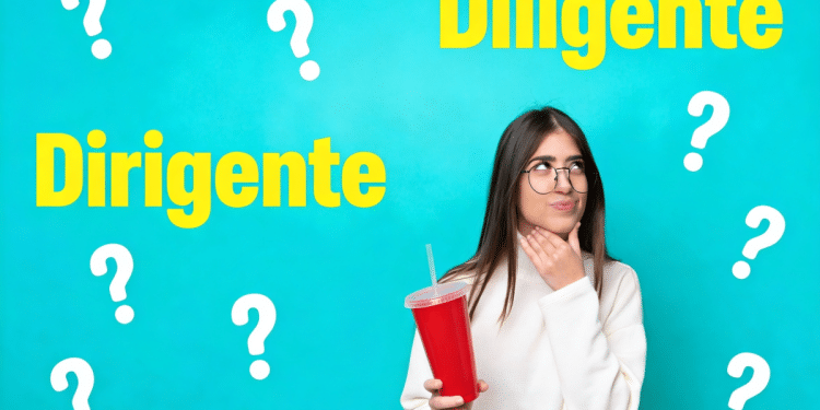Jovem com expressão de dúvida com fundo azul e palavras "dirigente" e "diligente" cercada por interrogações.