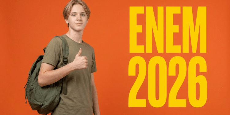 Jovem loiro com camiseta verde-oliva e mochila faz sinal de positivo ao lado do texto ENEM 2026 em fundo laranja.