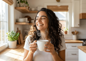 Mulher sorridente aprecia café quente em cozinha iluminada.