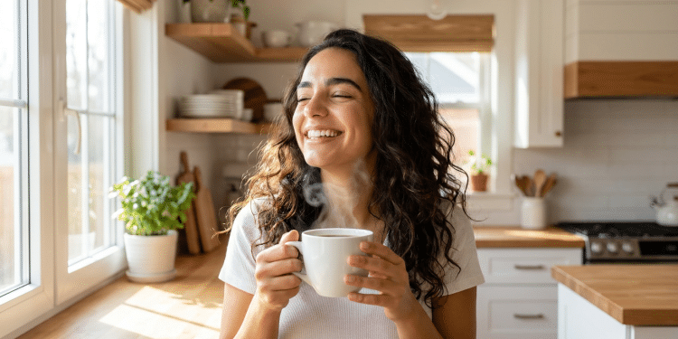Mulher sorridente aprecia café quente em cozinha iluminada.