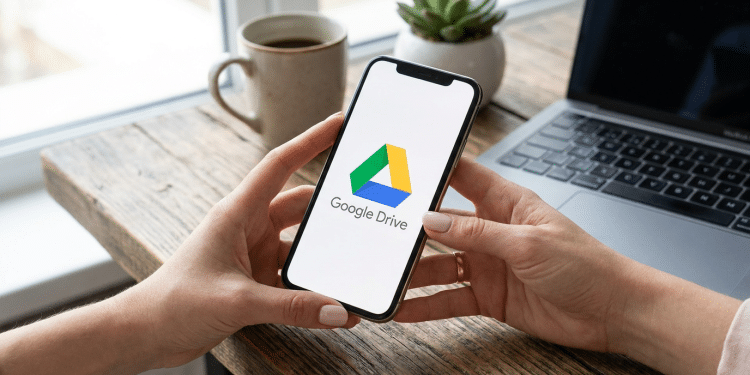 Google Drive em smartphone com laptop e café em ambiente doméstico.