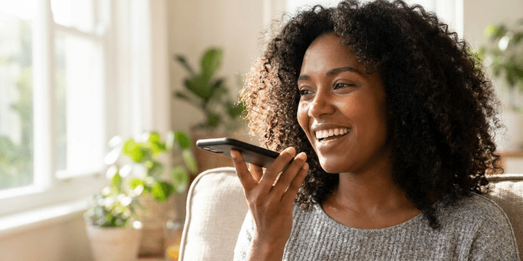 Mulher sorridente usa comando de voz no celular em casa.