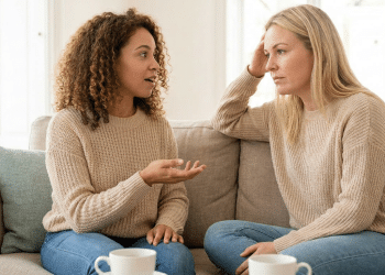 Duas amigas conversam em sofá.