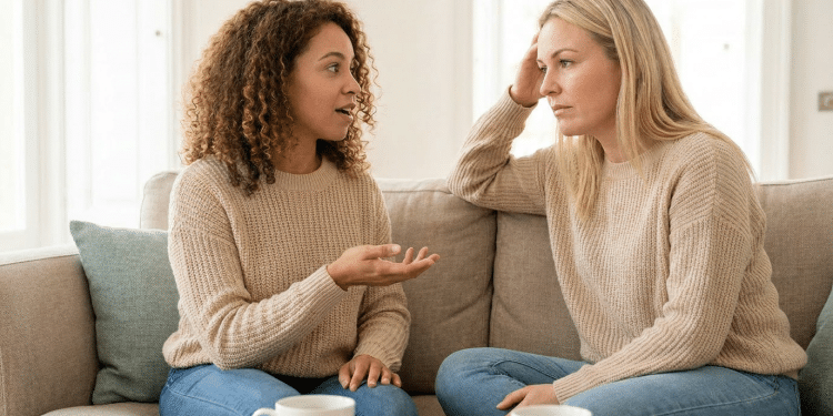 Duas amigas conversam em sofá.