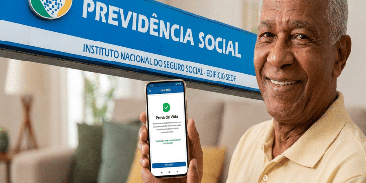 Homem idoso sorridente realiza reconhecimento facial no celular para prova de vida do INSS em sala de estar.