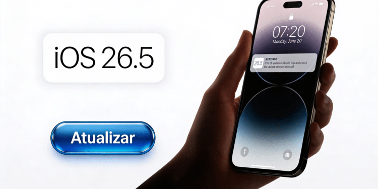 Mão segurando iPhone com tela de bloqueio exibindo notificação do iOS 26.5 disponível para instalação.