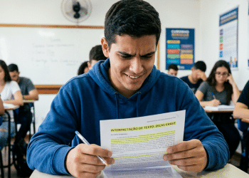 Estudante lê apostila de interpretação de texto em sala de aula.