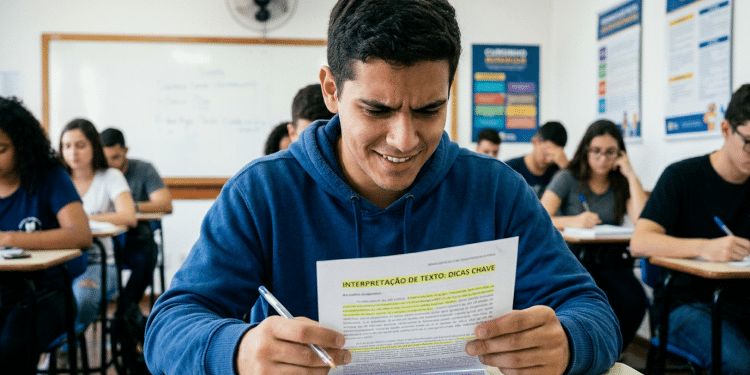 Estudante lê apostila de interpretação de texto em sala de aula.