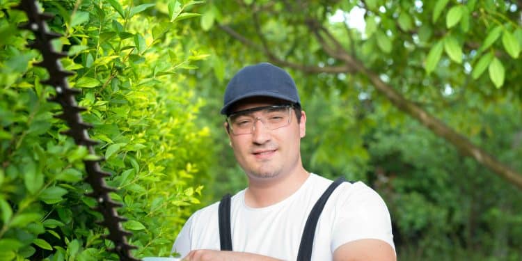 Homem de boné azul e óculos de proteção usa aparador de cerca viva em arbusto verde, simbolizando o curso Operador Florestal e Paisagístico do Pensar Cursos.