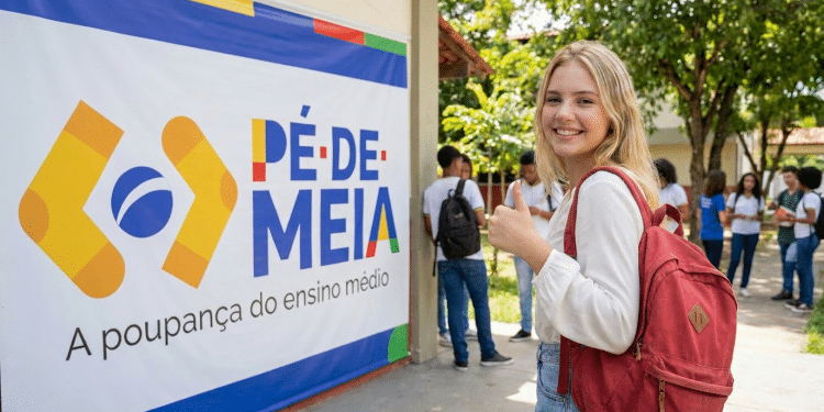 Jovem loira com mochila vermelha faz sinal positivo ao lado de banner do programa Pé-de-Meia em pátio escolar.