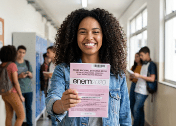 Estudante sorridente exibe caderno do ENEM 2020 em corredor escolar.