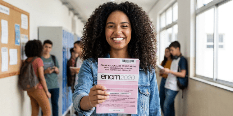 Estudante sorridente exibe caderno do ENEM 2020 em corredor escolar.