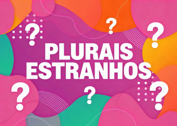 Arte gráfica vibrante com texto "Plurais Estranhos" cercado por interrogações em fundo rosa, laranja e verde.