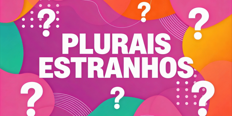 Arte gráfica vibrante com texto "Plurais Estranhos" cercado por interrogações em fundo rosa, laranja e verde.