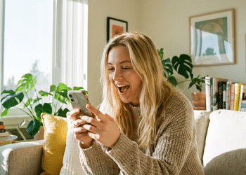 Mulher loira surpresa ao olhar celular na sala de estar.