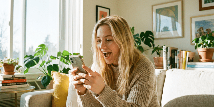 Mulher loira surpresa ao olhar celular na sala de estar.