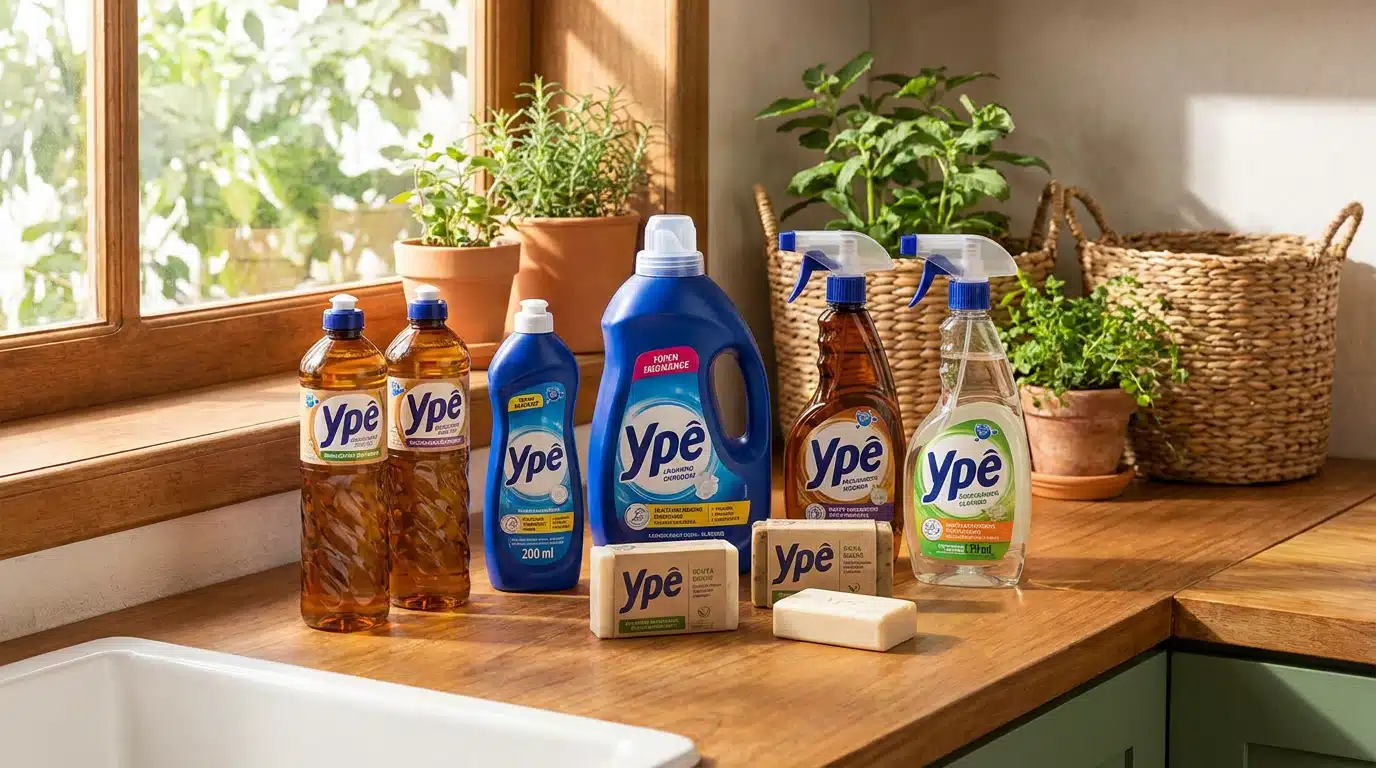 Linha completa de produtos Ypê em bancada de cozinha.