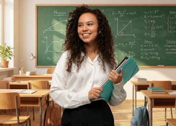 Professora sorridente em sala de aula com lousa verde.