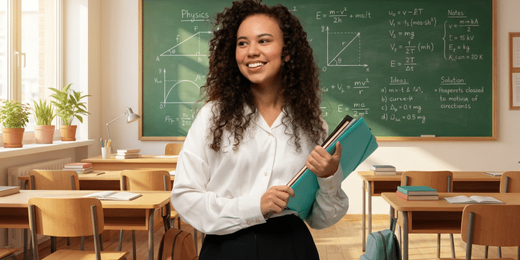 Professora sorridente em sala de aula com lousa verde.