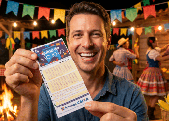 Homem sorridente exibe volante da Quina de São João com bandeirinhas e fogueira de festa junina ao fundo.