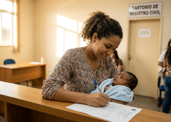 Mãe registra bebê em Cartório de Registro Civil no Brasil.