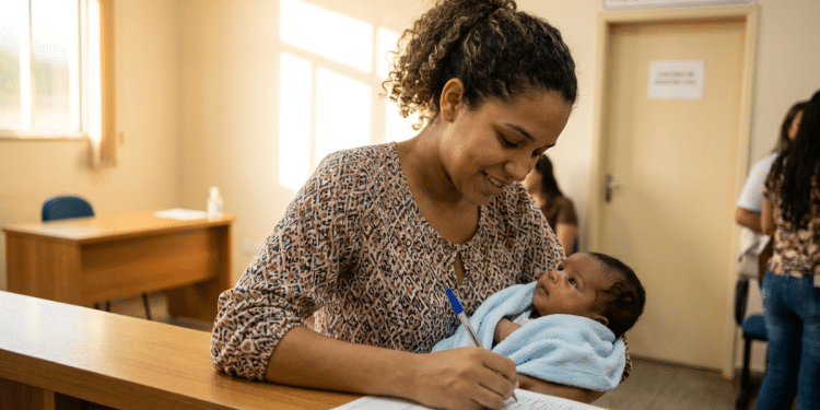 Mãe registra bebê em Cartório de Registro Civil no Brasil.