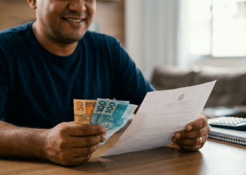 Homem sorridente confere documento e cédulas de real brasileiro.