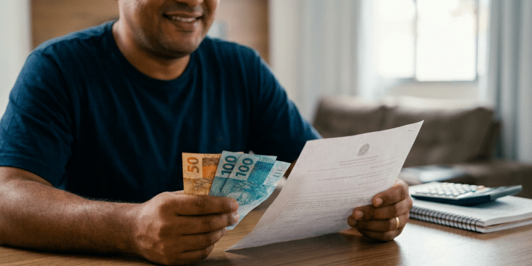Homem sorridente confere documento e cédulas de real brasileiro.