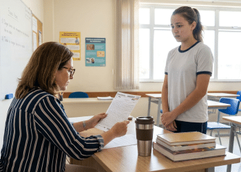 Professora analisa redação de aluna em sala de aula.