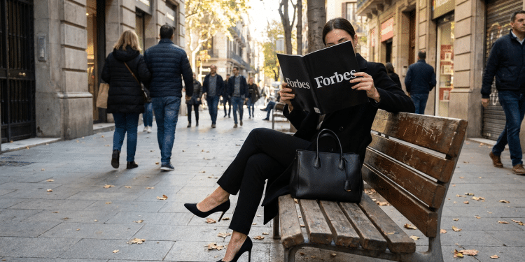 Executiva lê revista Forbes em banco de rua.