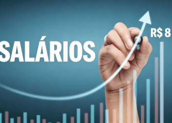 Mão desenhando seta em gráfico de barras coloridas sobre salários.