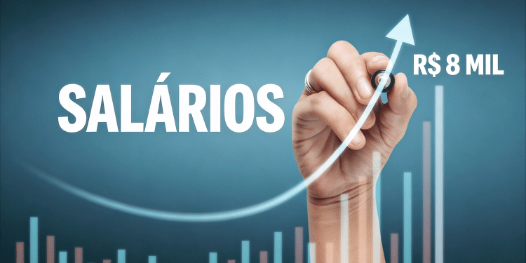 Mão desenhando seta em gráfico de barras coloridas sobre salários.