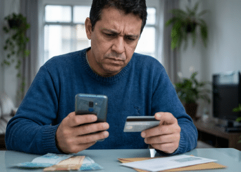 Homem preocupado confere cartão de crédito no celular em casa.
