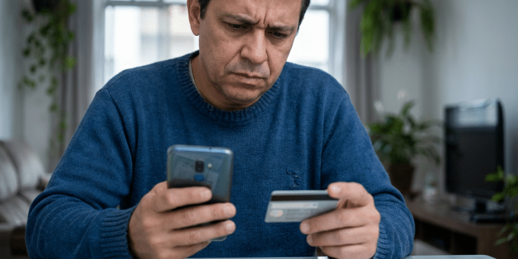 Homem preocupado confere cartão de crédito no celular em casa.
