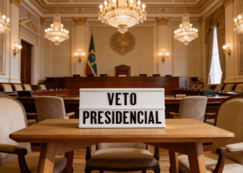 Placa branca com nome "Veto Presidencial" em mesa de madeira.