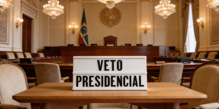 Placa branca com nome "Veto Presidencial" em mesa de madeira.