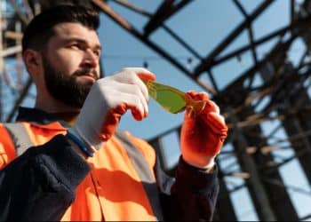 Trabalhador usando equipamentos de proteção em ambiente industrial