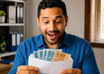Trabalhador brasileiro surpreso segurando envelope com notas de reais, representando o adicional de R$ 1.486 no salário.