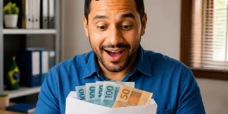 Trabalhador brasileiro surpreso segurando envelope com notas de reais, representando o adicional de R$ 1.486 no salário.