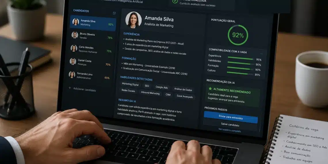 Painel de IA analisando currículos e destacando o alinhamento entre competências do candidato e requisitos da vaga em poucos segundos.