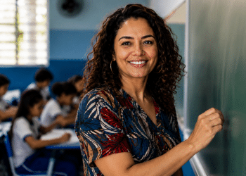 Professora sorri ao lado do quadro em uma sala de aula com alunos ao fundo