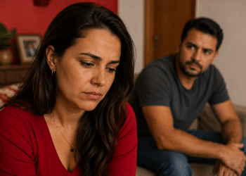 Mulher aparece pensativa em primeiro plano enquanto um homem observa ao fundo na sala de casa