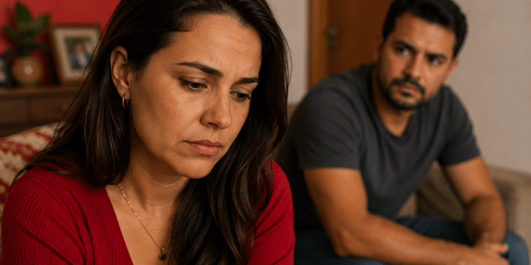 Mulher aparece pensativa em primeiro plano enquanto um homem observa ao fundo na sala de casa