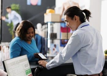 Funcionário segura terminal de pagamento enquanto cliente de blusa azul aproxima celular para pagar em loja de vestuário, simbolizando o curso de atendimento ao cliente.