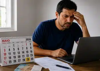 Contribuinte preocupado consulta notebook ao lado de calendário de maio de 2026, representando quem ainda não entregou a declaração do Imposto de Renda.