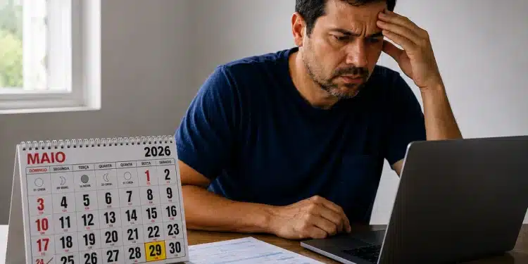 Contribuinte preocupado consulta notebook ao lado de calendário de maio de 2026, representando quem ainda não entregou a declaração do Imposto de Renda.